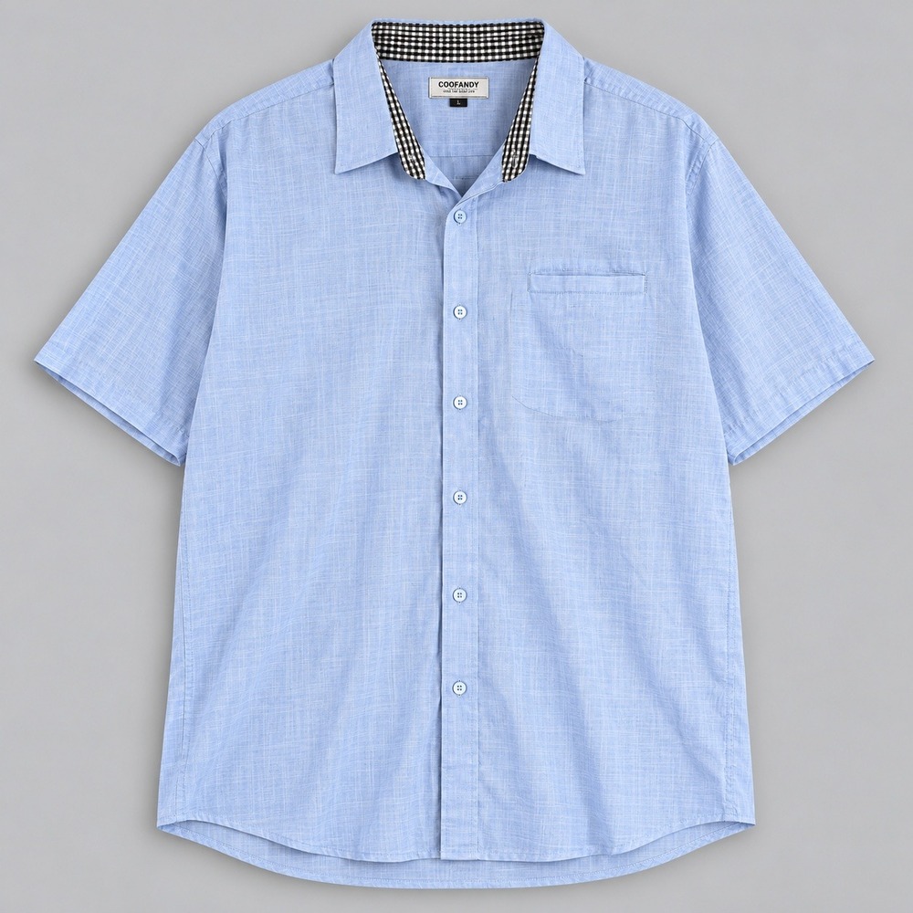 Coofandy Mens Light Blue Cotton Short Sleeve Button Down Shirt XXL Gingham Trim